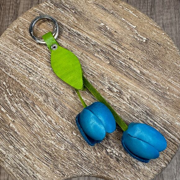 Leather Bright Blue Tulip Purse Charm Genuine Leather Tulip Flower Bag Charm - Picture 5 of 6
